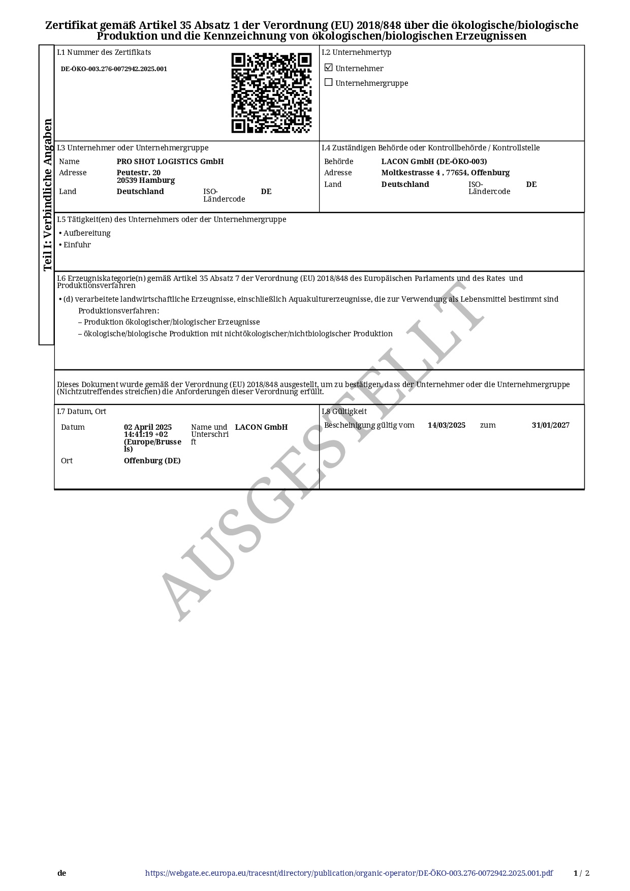 PRO SHOT LOGISTICS Bio Zertifikat
